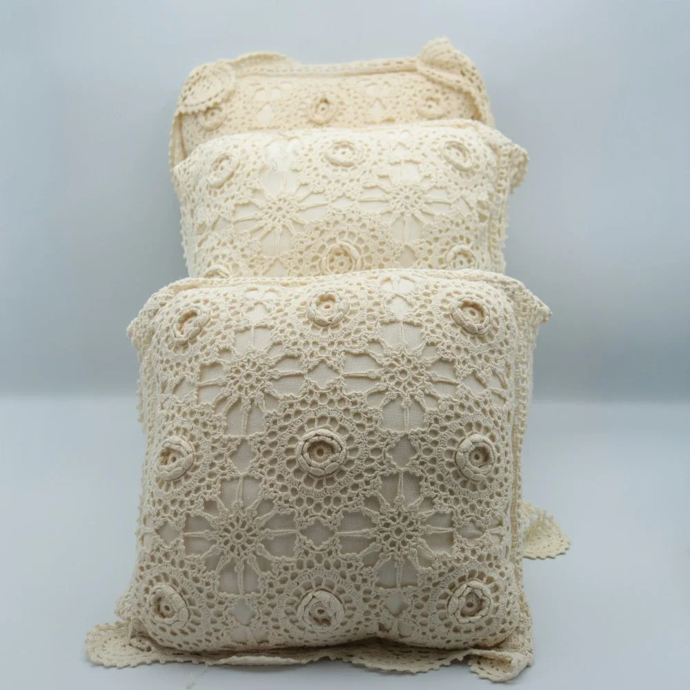 Grandmacore Cottage Crochet Lace Throw Set (3) Pillows Beige Vintage Granny Rose